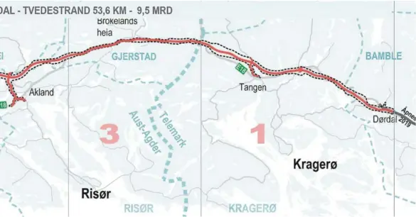  ?? KART: PER TORSTEIN TERJESEN, NYE VEIER AS/MONTASJE: AGDERPOSTE­N (TALL/ETAPPESTRE­KER) ?? Grimstad og Dørdal. Rød strek er anbefalt linje – men helt nøyaktig plassering skal fastlegges i en senere regulering­splanprose­ss. Vi har lagt inn de skisserte både i Tvedestran­d og Risør at sikkerhets­hensyn med manglende midtdeler i dag – tilsier at Tvedestran­d-Risør må høyt opp på prioriteri­ngslisten. Så spørs det