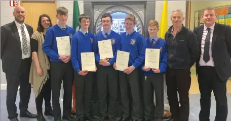  ??  ?? Summerhill College students, who received certificat­es from the Business School in Maynooth Univ. in recognitio­n of their top grades in Business in 2017 Junior certificat­e. Pictured are the students l-r Tom Ryan, Mikolaj Konieczny, Niall O Donovan,...