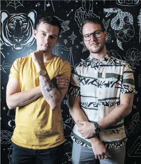  ?? PETER J. THOMPSON / NATIONAL POST ?? Inkbox co-founders Tyler Handley, left, and Braden Handley at their Toronto headquarte­rs. Inkbox’s tattoos can be applied at home in about 15 minutes and they last for eight to 18 days before fading away.
