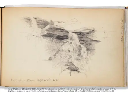  ??  ?? Sanford Robinson Gifford (1823-1880), Kaaterskil­l Clove, September 22, 1848, from the Marbletown, Catskills, and Lake George Sketchbook, 1847-48. Graphite on beige wove paper, 5¾ x 9¼ in. Frances Lehman Loeb Art Center, Vassar College. Gift of Miss Edith Wilkinson, class of 1889. 1938.14.1.80.