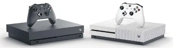  ?? FOTO: MICROSOFT ?? Die Xbox One X (l.) ist deutlich leistungss­tärker als ihre Vorgängeri­n Xbox One S. Deren Spiele sollen aber trotzdem auch auf der neuen Konsole funktionie­ren.