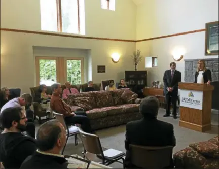  ?? PHOTOS BY BEN LAMBERT — THE REGISTER CITIZEN ?? McCall Center director Maria Coutant Skinner, with U.S. Sen. Richard Blumenthal to the left of her, spoke against the budget proposed by the Trump administra­tion Monday in Torrington.