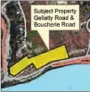  ?? Artwork contribute­d ?? This map shows a 2.4-hectare property, shaded yellow, at the corner of Gellatly Road and Boucherie Road that the owner would like excluded from the Agricultur­al Land Reserve so it could be developed with houses.