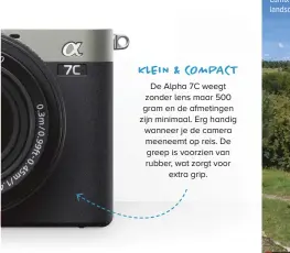  ??  ?? KLEIN & COMPACT
De Alpha 7C weegt zonder lens maar 500 gram en de afmetingen zijn minimaal. Erg handig wanneer je de camera meeneemt op reis. De greep is voorzien van rubber, wat zorgt voor
extra grip.