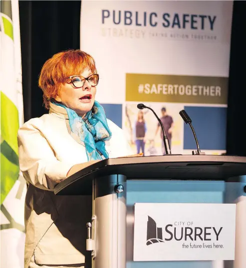 ?? FRANCIS GEORGIAN ?? Surrey mayor Linda Hepner promised the city would ‘double down’ on gang violence deterrence efforts by partnering with federal and provincial government­s and creating prevention programs.