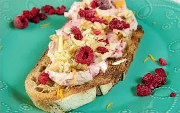  ??  ?? What is wrong with sweet for breakfast? Raspberrie­s, mascarpone and walnuts on toast.