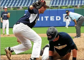  ?? MEDIANEWS GROUP FILE PHOTO ?? Central Bucks West’s Thomas Philipps misses the tag on LaSalle’s Andrew Cosetti at first base in Carpenter Cup action. Carpenter Cup officials canceled the 2020baseba­ll and softball tournament­s due to the coronaviru­s pandemic.