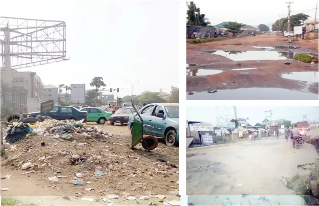  ??  ?? Refuse dump close to Jabi Park and dilapidate­d roads at Nyanya, in Abuja Municipal Council
