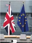  ?? REUTERS ?? British Union Jack and EU flags are pictured before the meeting with Britain’s Brexit Secretary Stephen Barclay and European Union’s chief Brexit negotiator Michel Barnier at the EU Commission headquarte­rs in Brussels, Belgium last September.