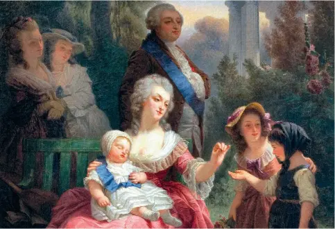  ??  ?? La famille royale à Trianon. Louis XVI et MarieAntoi­nette, avec un enfant endormi portant le ruban bleu des rois de France, fait l'aumône à une fillette, de Charles Louis Lucien Muller (1815-1892).