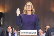  ?? WIN MCNAMEE ?? Christine Blasey Ford is sworn in before the Senate Judiciary Committee on Thursday in Washington. Former GOP strategist Dan Schnur described her testimony as “riveting and raw.”