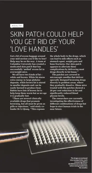  ??  ?? The drugs are enclosed into nanopartic­les, each measuring 250nm (0.00025mm) in diameter, before being loaded into the needles