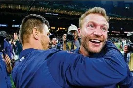  ?? CHRIS GRAYTHEN / GETTY IMAGES ?? Coach Sean McVay, celebratin­g with the Rams at the end of Sunday’s NFC final victory in New Orleans, is a Marist School graduate.