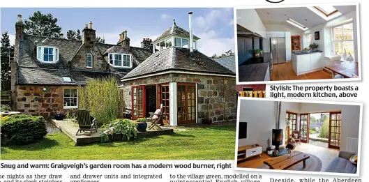 ??  ?? Snug and warm: Graigveigh’s garden room has a modern wood burner, right Stylish: The property boasts a light, modern kitchen, above
