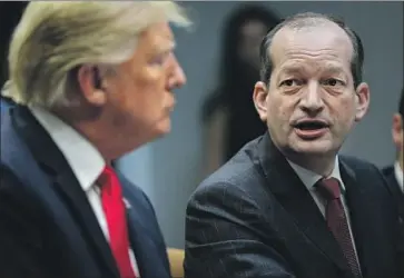  ?? Oliver Contreras Pool Photo ?? LABOR Secretary Alex Acosta, with President Trump in September, opposes a minimum wage increase.