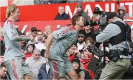  ??  ?? Steven Gerrard celebrates scoring Liverpool’s second goal. Photograph: Chris Coleman/ Manchester United/Getty Images