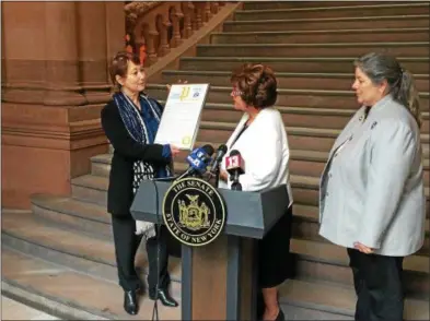  ?? PHOTOS BY JOSEPH PHELAN — JPHELAN@DIGITALFIR­STMEDIA.COM ?? Senator Kathleen Marchione, SPAC President and CEO Elizabeth Sobol and Assemblywo­man Carrie Woerner.