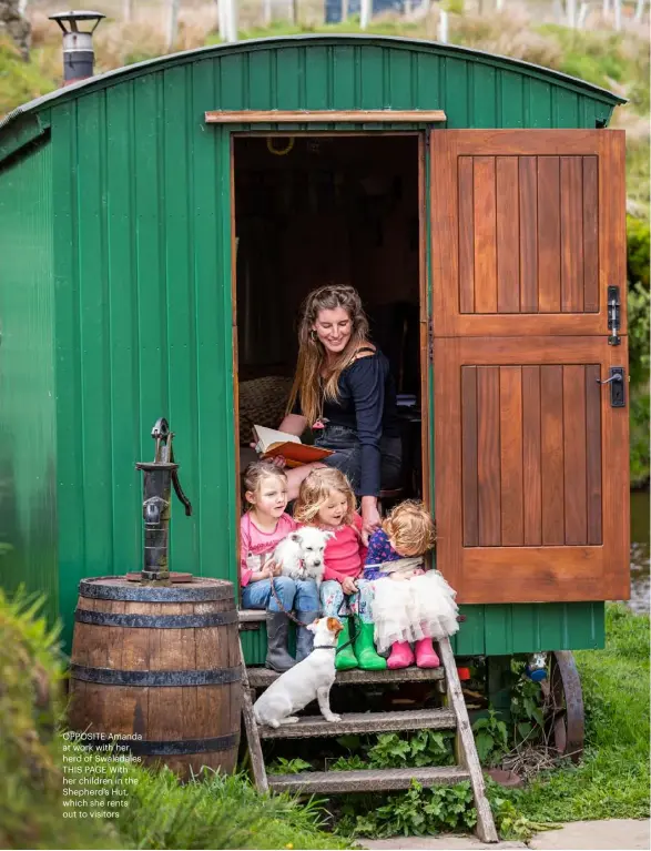  ??  ?? OPPOSITE Amanda at work with her herd of Swaledales THIS PAGE With her children in the Shepherd’s Hut, which she rents out to visitors