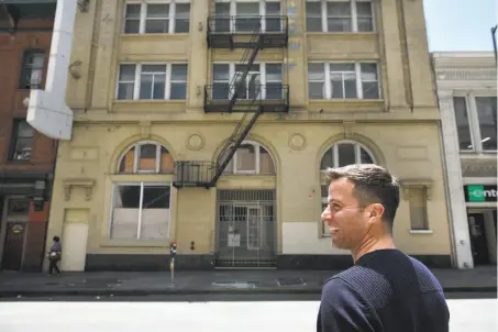  ??  ?? Starcity co-founder Jon Dishotsky outside the startup’s building at 229 Ellis St., where 56 units of group housing are planned.