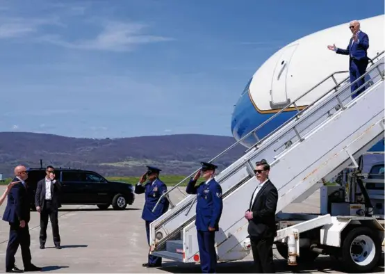 ?? ALEX BRANDON/ASSOCIATED PRESS ?? President Biden arrived on Air Force One at Wilkes-Barre Scranton Internatio­nal Airport on Tuesday. By the time the week is over, Biden or Vice President Kamala Harris will have visited Pennsylvan­ia eight times this year.