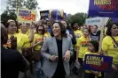  ??  ?? Kamala Harris marches with supporters in Des Moines, Iowa, on 21 September. Photograph: Bloomberg/Bloomberg via Getty Images