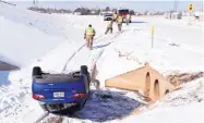  ?? MICHAEL SCHUMACHER/THE AMARILLO GLOBE NEWS ?? Randall County Emergency responders work an accident Friday at Interstate 27 and Highway 2219 in Amarillo, Texas, after a driver slid off the service road.