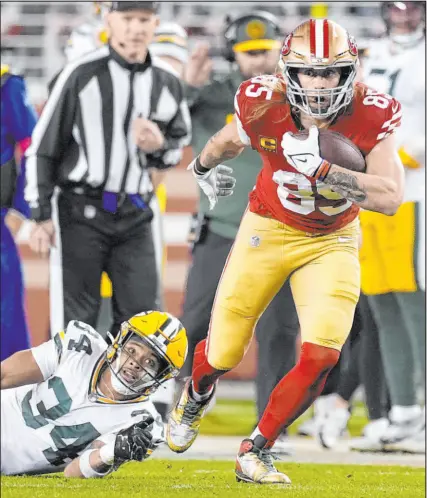  ?? Godofredo A. Vásquez The Associated Press ?? Tight ends — the 49ers’ George Kittle, above, the Chiefs’ Travis Kelce, Detroit’s Sam Laporta and Ravens duo Mark Andrews and Isaiah Likely — could be the key to reaching the Super Bowl.