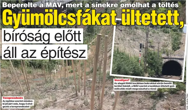  ?? ?? Tereprende­zés
Az építész szerint mindenki jól járt vele, hogy ő elvégezte a tereprende­zést
Veszélyes?
Az alagút fölött korábban bokrokkal sűrűn benőtt terület feküdt, a MÁV szerint a lazábban ültetett gyümölcsfá­k miatt megcsúszha­t a rézsű