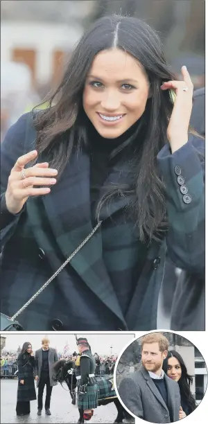  ?? PICTURES: PA. ?? MARRIAGE OFFER: Above, Meghan Markle at Edinburgh Castle, where she met Shetland pony Corporal Cruachan IV with Prince Harry, left; right, Harry and Meghan watch the firing of the one o’clock gun.