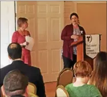  ??  ?? The 2017 Leadership Tri-County class presented its project results to chamber members Thursday morning. The presentati­ons outlined 10 months of work the group carried out for area nonprofits. Joyce Weand, left and Andie Graham, right share the...