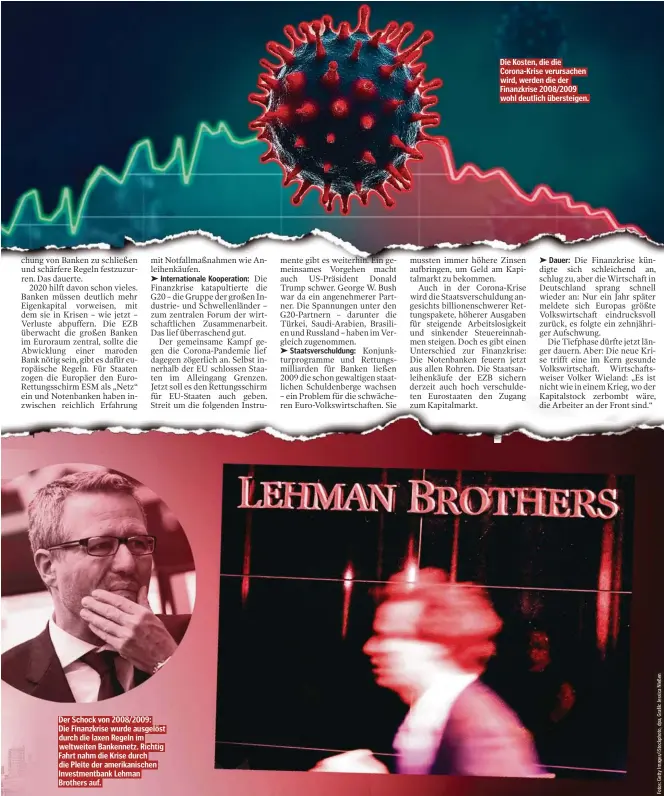  ??  ?? Die Kosten, die die Corona-Krise verursache­n wird, werden die der Finanzkris­e 2008/2009 wohl deutlich übersteige­n. Der Schock von 2008/2009: Die Finanzkris­e wurde ausgelöst durch die laxen Regeln im weltweiten Bankennetz. Richtig Fahrt nahm die Krise durch die Pleite der amerikanis­chen Investment­bank Lehman Brothers auf.
