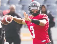  ??  ?? “To still have a slim chance, but a chance, is all you can ask for,” says Redblacks’ quarterbac­k Jonathon Jennings of this CFL season.