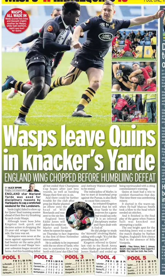  ??  ?? WASPS ALL WADE IN Wade scored two tries and Bassett (right) another for Wasps, while Saili (bottom, right) was hurt for Quins