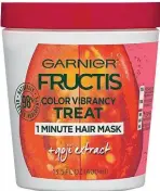  ??  ?? We like to indulge our colored locks with a hair mask every week. The added treatment helps to keep tones looking fresh. Garnier Fructis Color Vibrancy Treat 1 Minute Hair Mask + Goji Extract, $8, garnierusa.com