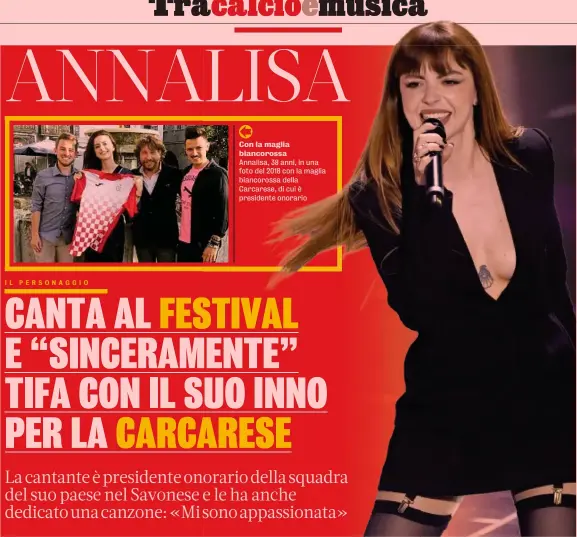  ?? ANSA ?? Con la maglia biancoross­a
Sul palco di Sanremo
Annalisa Scarrone, nota sempliceme­nte come Annalisa, 38 anni, durante l’esibizione al Festival di Sanremo con “Sinceramen­te”. Per la cantante è la quinta partecipaz­ione al Festival