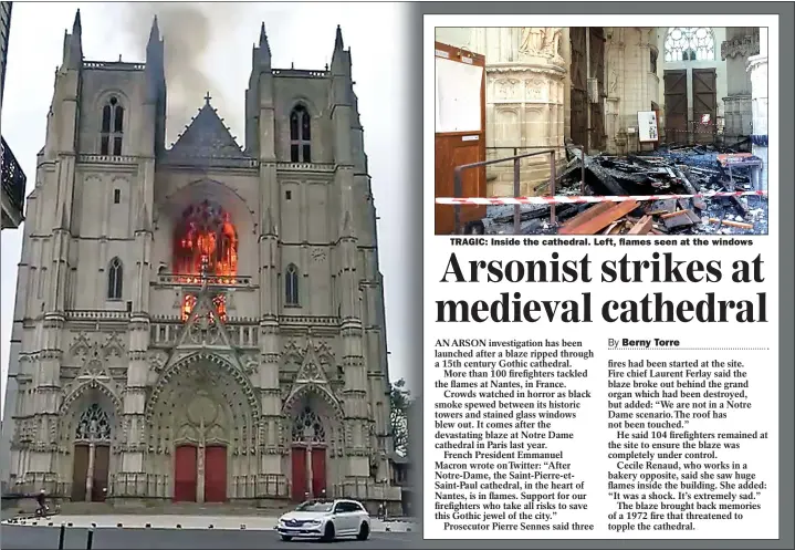  ?? Pictures: LUDOVIC STANG & STEPHANIE Mahee/reuters ?? TRAGIC: Inside the cathedral. Left, flames seen at the windows