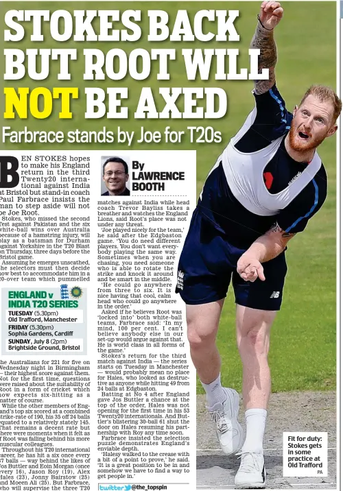  ?? PA ?? Fit for duty: Stokes gets in some practice at Old Trafford