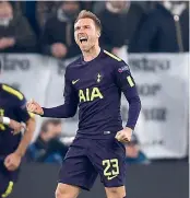  ?? AP ?? Tottenham’s Christian Eriksen celebrates his goal against Juventus at the Allianz Stadium in Turin. —