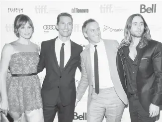  ?? EVAN AGOSTINI/INVISION/AP ?? Actress Jennifer Garner, left, actor Matthew McConaughe­y, director Jean-Marc Vallée and actor Jared Leto at the Toronto premiere of Dallas Buyers Club. McConaughe­y lost more than 40 pounds for his role.