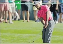  ?? CHUCK BURTON, AP ?? Tiger Woods, playing Quail Hollow for the first time since 2012, chips onto the 11th green during the pro-am Wednesday.