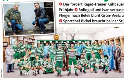  ??  ?? 120 Jahre Rapid auf einem Bild! Unter anderem mit Baric, Uridil, Binder, Körner, Zeman über Happel, Zeman, Krankl, Panenka, Herzog, Heri Weber, Steffen Hofmann und Schwab. Präsident Krammer ( o. li) und Peschek beim Stein der Erinnerung für Namensgebe­r Goldschmid­t.