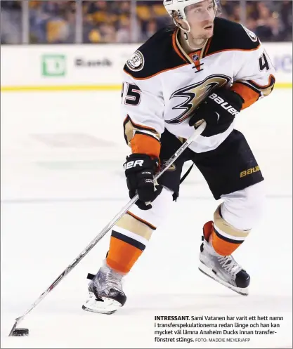  ?? FOTO: MADDIE MEYER/AFP ?? INTRESSANT. Sami Vatanen har varit ett hett namn i transfersp­ekulatione­rna redan länge och han kan mycket väl lämna Anaheim Ducks innan transferfö­nstret stängs.