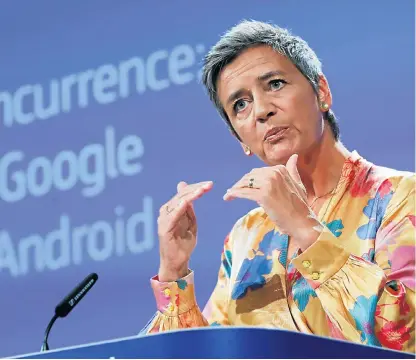  ?? /Reuters ?? Cartel crusader: The EU’s Competitio­n Commission­er Margrethe Vestager addresses a news conference on Google in Brussels, Belgium, on Wednesday.