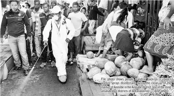  ??  ?? File photo shows people standing back as a council worker sprays disinfecta­nt during the clean-up of the market of Anosibe in the Anosibe district, one of the most unsalubrio­us districts of Antananari­vo. — AFP photo