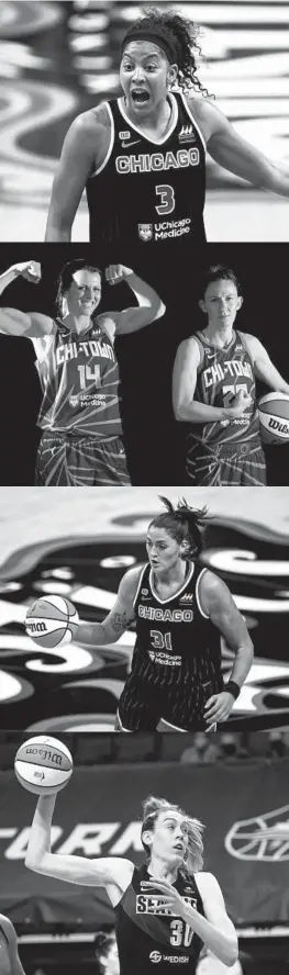  ?? DANIEL KUCIN JR./AP, CHRIS SWEDA/CHICAGO TRIBUNE,ELAINE THOMPSON/ AP, SCOTT TAETSCH/GETTY ?? From top, Chicago Sky forward Candace Parker (3) in action May 15. Chicago Sky guards Allie Quigley, left, and Courtney Vandersloo­t on Friday. Stefanie Dolson #31 of the Chicago Sky dribbles. Seattle Storm’s Breanna Stewart plays against the Las Vegas Aces.