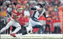  ?? Aaron Ontiveroz / The Denver Post ?? Drew Lock (3) of the Denver Broncos scrambles as Tyrann Mathieu (32) of the Kansas City Chiefs pursues hotly during the first quarter on Dec. 15, 2019.