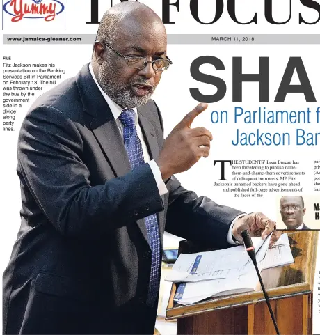  ?? FILE ?? Fitz Jackson makes his presentati­on on the Banking Services Bill in Parliament on February 13. The bill was thrown under the bus by the government side in a divide along party lines.