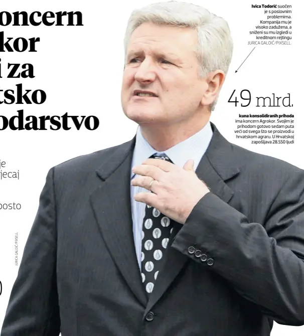  ??  ?? Ivica Todorić suočen je s poslovnim problemima. Kompanija mu je visoko zadužena, a sniženi su mu izgledi u kreditnom rejtingu