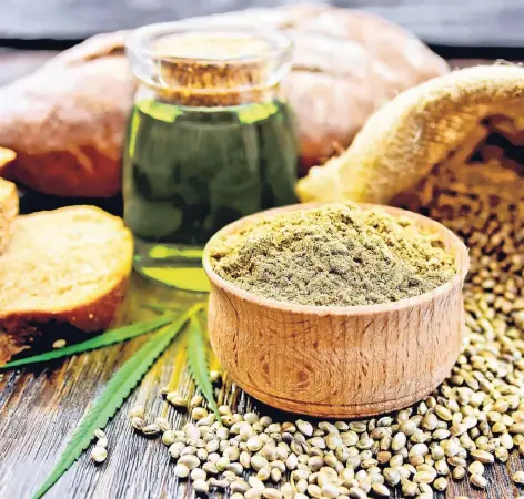  ?? FOTOS: THINKSTOCK ?? Selbstgeba­ckenes Brot schmeckt auch mit Hanfmehl. Hanföl eignet sich gut für Salate.