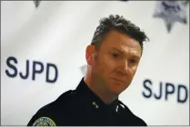  ?? ARIC CRABB — STAFF PHOTOGRAPH­ER ?? During a press conference Monday in San Jose, Acting police chief David Tindall goes over the details of a police shooting that killed a 27-year-old man wanted in connection with multiple violent crimes.